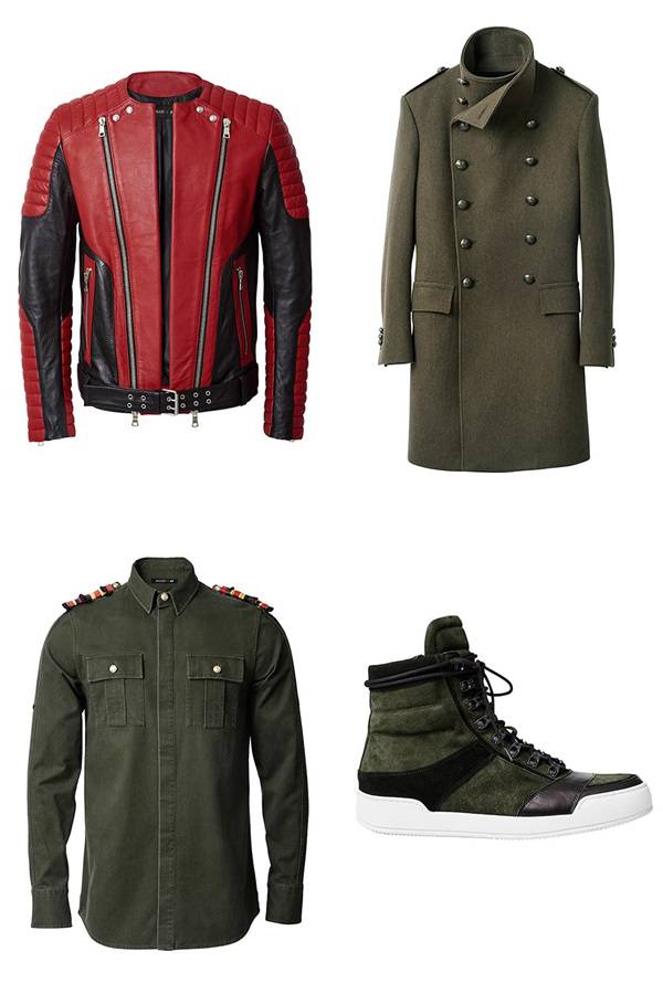 赤と黒のバイカージャケット、ミリタリーウールコート、エボレット付きミリタリーシャツ、ハイカットスニーカー